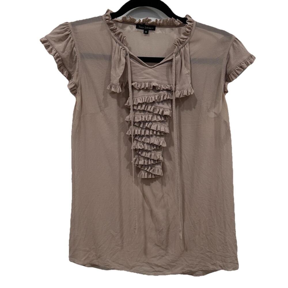 Women’s Tara Jarmon Blouse Tank Beige Pink Size 38 Ruffles